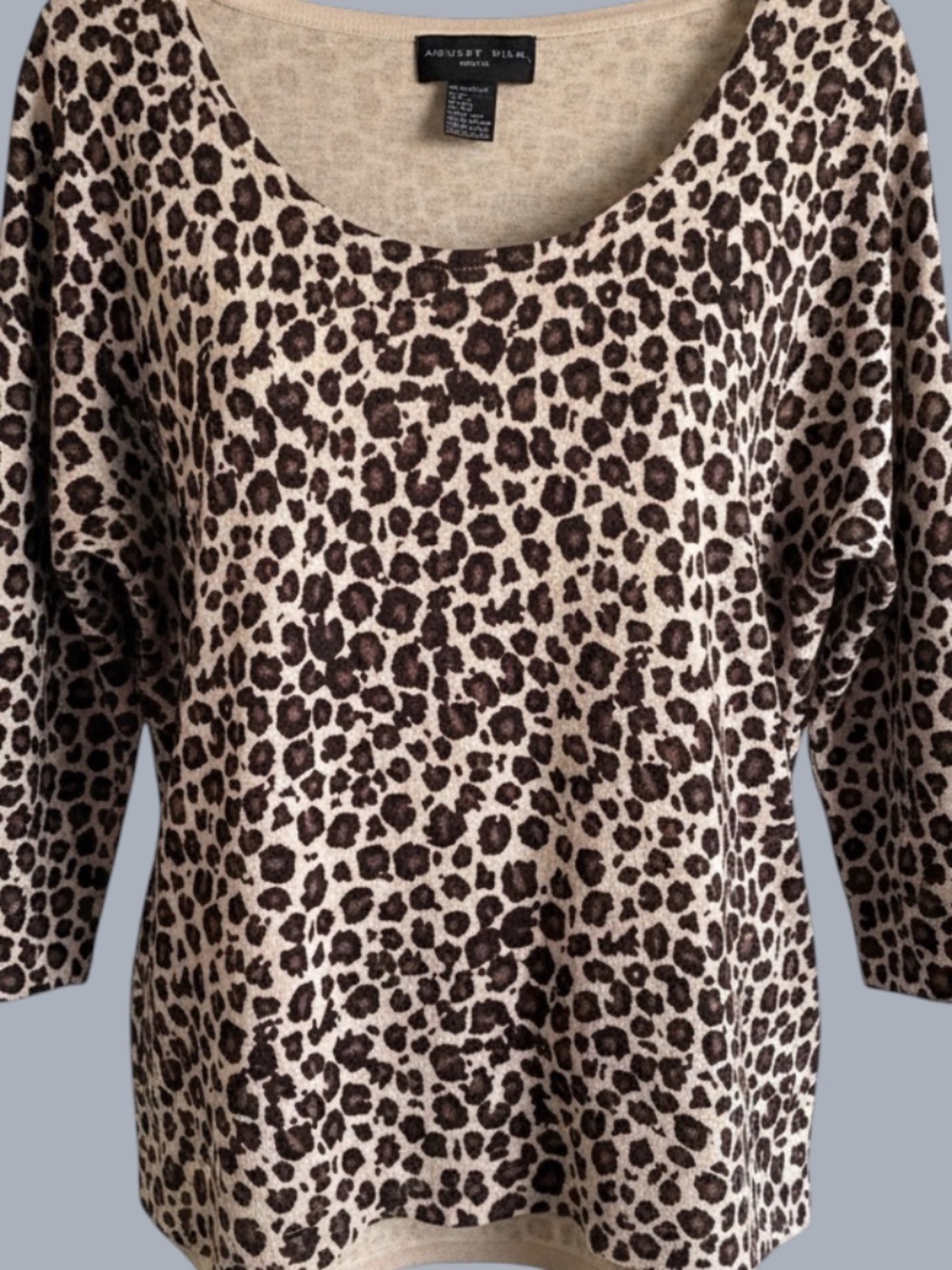 August Silk Knits Leopard Print Beige Brown 3/4 Sleeve Lightweight Top Women L